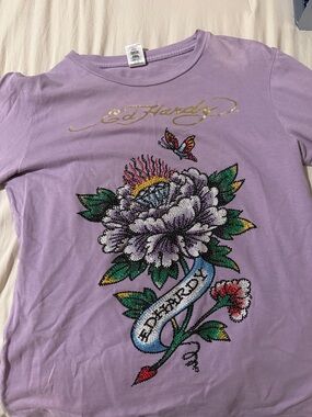 Ed Hardy Lavender Floral Butterfly Tee with Gold Logo